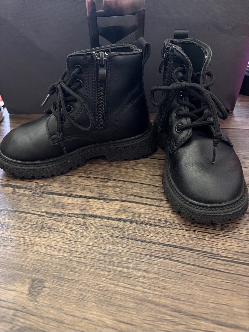 SHEIN Black Kids Lace-Up Ankle Boots with Side Zipper